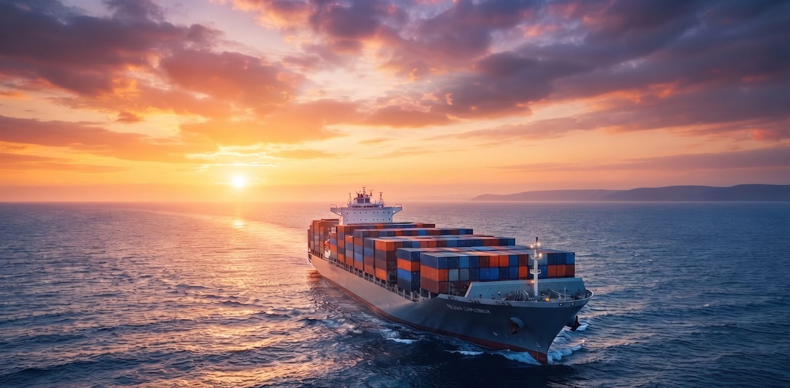 Container ship at sunset
